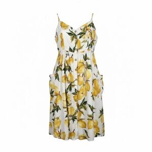 Mediterranean Lemon Print Button Front Midi Dress With Pockets Size Medium